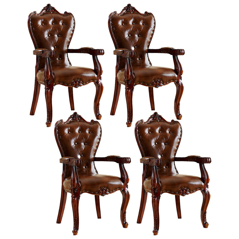 Victorian Dining Arm Chair Solid Back Side Chair with Wood Legs for Home Use Yellow-Brown 4 Piece Set Clearhalo ' kitchen&dining_furn' 'Dining Chairs' 'Dining Tables & Seating' 'dining_chair' 'furn' 'furn_dining_chair' 'Furniture' 'furniture_dining_chair' 'Kitchen & Dining Furniture' 'kitchen' 3650412