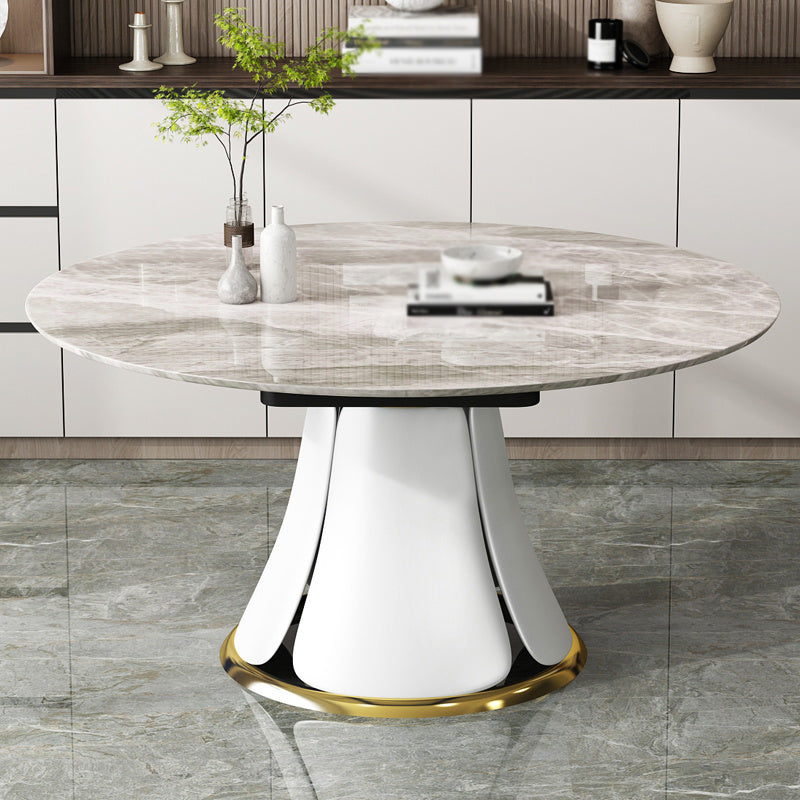 Contemporary Round Dining Table Sintered Stone Table with White Pedestal Base,53.1"L x 53.1"W x 30"H Gray Without Chairs Clearhalo ' dining_table' 'Dining Tables & Seating' 'Dining Tables' 'furn' 'furn_dining_table' 'Furniture' 'furniture_dining_table' 'Kitchen & Dining Furniture' 'kitchen&dining_furn' 'kitchen' 'kitchen_dining_table' 3661898