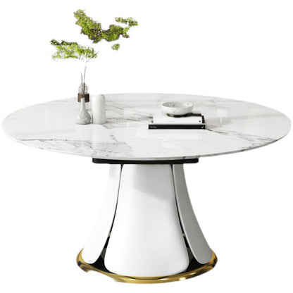 Contemporary Round Dining Table Sintered Stone Table with White Pedestal Base,53.1"L x 53.1"W x 30"H White Without Chairs Clearhalo ' dining_table' 'Dining Tables & Seating' 'Dining Tables' 'furn' 'furn_dining_table' 'Furniture' 'furniture_dining_table' 'Kitchen & Dining Furniture' 'kitchen&dining_furn' 'kitchen' 'kitchen_dining_table' 3661902