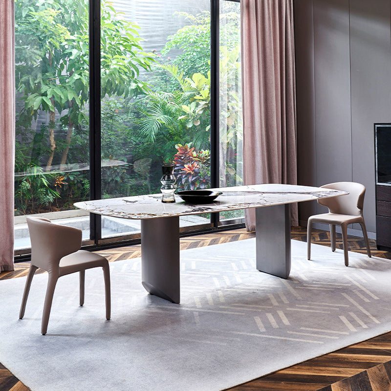 Rectangle Sintered Stone Dining Table Modern Table in White with Metal Double Pedestal Clearhalo ' dining_table' 'Dining Tables & Seating' 'Dining Tables' 'furn' 'furn_dining_table' 'Furniture' 'furniture_dining_table' 'Kitchen & Dining Furniture' 'kitchen&dining_furn' 'kitchen' 'kitchen_dining_table' 3662077
