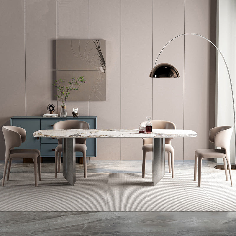 Rectangle Sintered Stone Dining Table Modern Table in White with Metal Double Pedestal Clearhalo ' dining_table' 'Dining Tables & Seating' 'Dining Tables' 'furn' 'furn_dining_table' 'Furniture' 'furniture_dining_table' 'Kitchen & Dining Furniture' 'kitchen&dining_furn' 'kitchen' 'kitchen_dining_table' 3662079