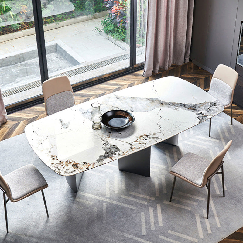 Rectangle Sintered Stone Dining Table Modern Table in White with Metal Double Pedestal Clearhalo ' dining_table' 'Dining Tables & Seating' 'Dining Tables' 'furn' 'furn_dining_table' 'Furniture' 'furniture_dining_table' 'Kitchen & Dining Furniture' 'kitchen&dining_furn' 'kitchen' 'kitchen_dining_table' 3662080