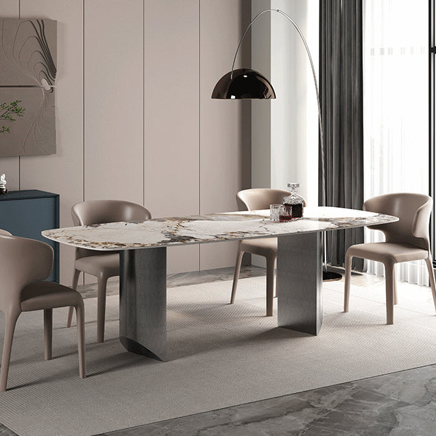 Rectangle Sintered Stone Dining Table Modern Table in White with Metal Double Pedestal Clearhalo ' dining_table' 'Dining Tables & Seating' 'Dining Tables' 'furn' 'furn_dining_table' 'Furniture' 'furniture_dining_table' 'Kitchen & Dining Furniture' 'kitchen&dining_furn' 'kitchen' 'kitchen_dining_table' 3662087