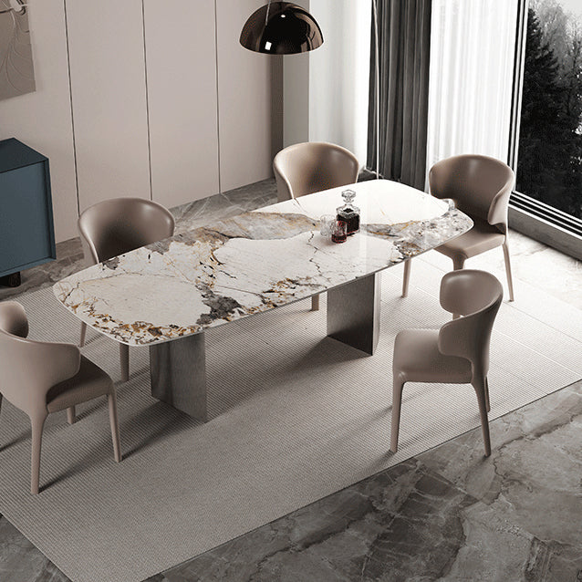 Rectangle Sintered Stone Dining Table Modern Table in White with Metal Double Pedestal Clearhalo ' dining_table' 'Dining Tables & Seating' 'Dining Tables' 'furn' 'furn_dining_table' 'Furniture' 'furniture_dining_table' 'Kitchen & Dining Furniture' 'kitchen&dining_furn' 'kitchen' 'kitchen_dining_table' 3662088