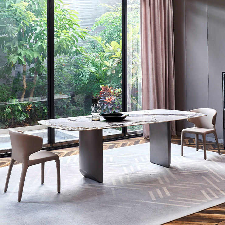 Rectangle Sintered Stone Dining Table Modern Table in White with Metal Double Pedestal Clearhalo ' dining_table' 'Dining Tables & Seating' 'Dining Tables' 'furn' 'furn_dining_table' 'Furniture' 'furniture_dining_table' 'Kitchen & Dining Furniture' 'kitchen&dining_furn' 'kitchen' 'kitchen_dining_table' 3662090