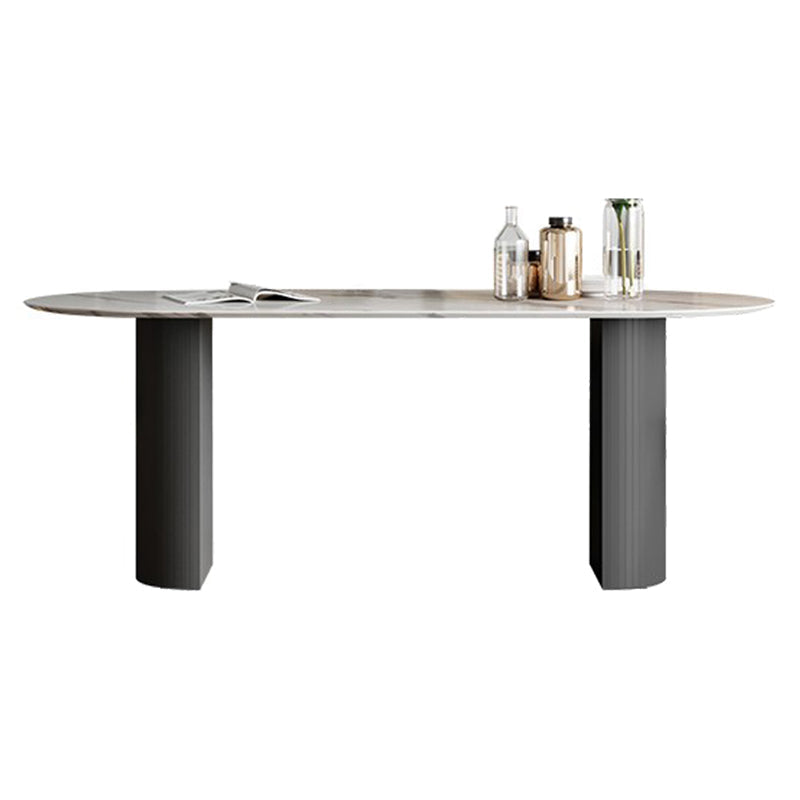 Oval Sintered Stone Dining Table Modern Table in White with Black Metal Double Pedestal Without Chairs Clearhalo ' dining_table' 'Dining Tables & Seating' 'Dining Tables' 'furn' 'furn_dining_table' 'Furniture' 'furniture_dining_table' 'Kitchen & Dining Furniture' 'kitchen&dining_furn' 'kitchen' 'kitchen_dining_table' 3670539