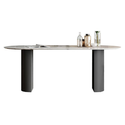 Oval Sintered Stone Dining Table Modern Table in White with Black Metal Double Pedestal Without Chairs Clearhalo ' dining_table' 'Dining Tables & Seating' 'Dining Tables' 'furn' 'furn_dining_table' 'Furniture' 'furniture_dining_table' 'Kitchen & Dining Furniture' 'kitchen&dining_furn' 'kitchen' 'kitchen_dining_table' 3670539