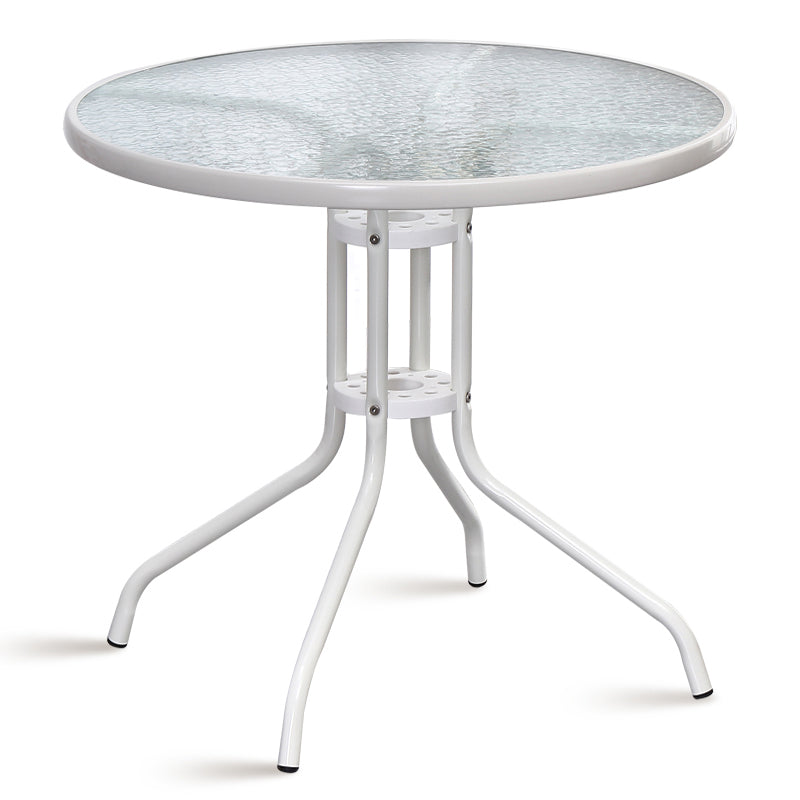 Modern Style Glass Dining Room Dinner Kitchen Table Clear Round Table with Metal Base White 31.5"L x 31.5"W x 29.5"H Without Chairs Clearhalo ' dining_table' 'Dining Tables & Seating' 'Dining Tables' 'furn' 'furn_dining_table' 'Furniture' 'furniture_dining_table' 'Kitchen & Dining Furniture' 'kitchen&dining_furn' 'kitchen' 'kitchen_dining_table' 3670874