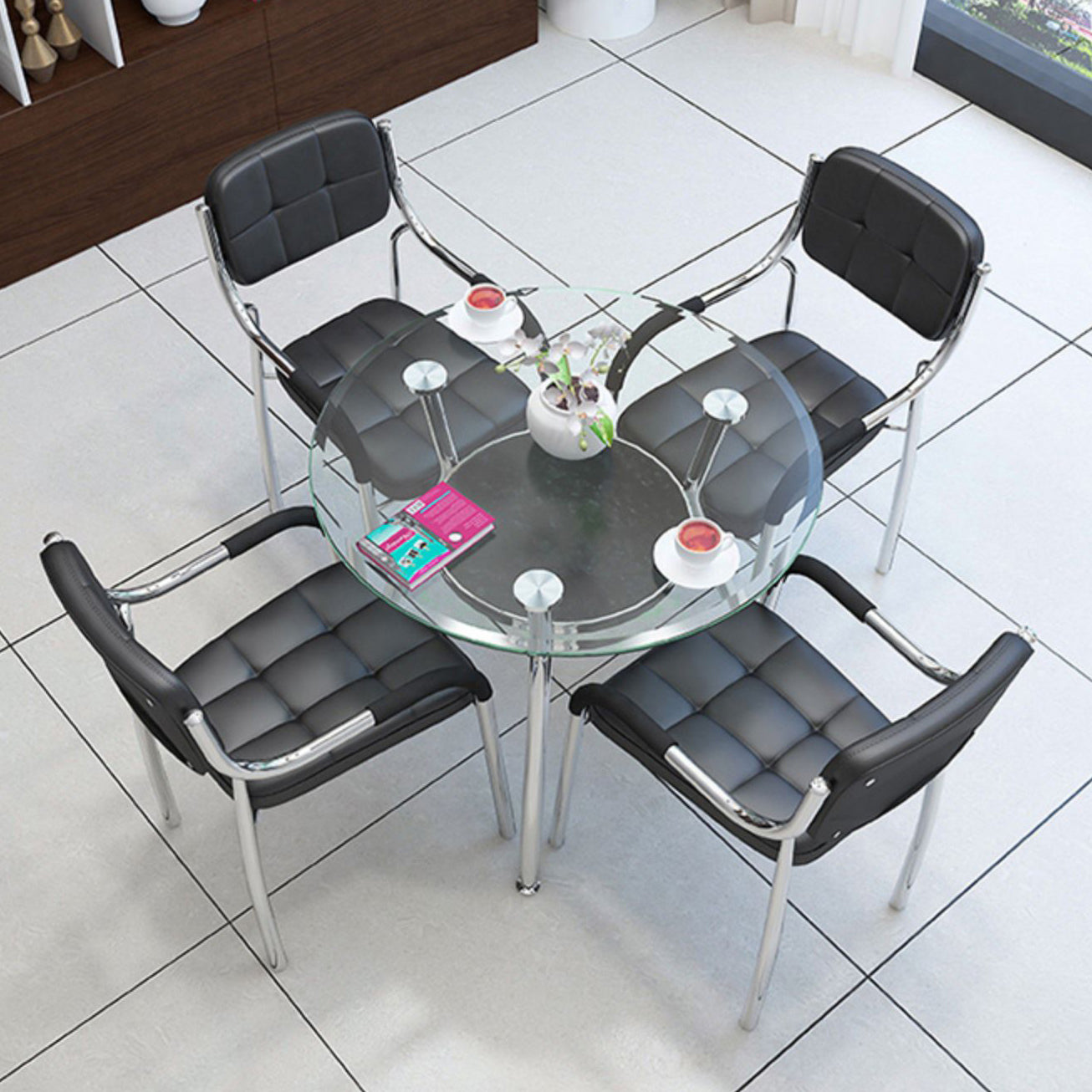 Modern Style Tempered Glass Dining Table Tripod Base Dining Site Table for Dining Room Clearhalo ' dining_table' 'Dining Tables & Seating' 'Dining Tables' 'furn' 'furn_dining_table' 'Furniture' 'furniture_dining_table' 'Kitchen & Dining Furniture' 'kitchen&dining_furn' 'kitchen' 'kitchen_dining_table' 3670997
