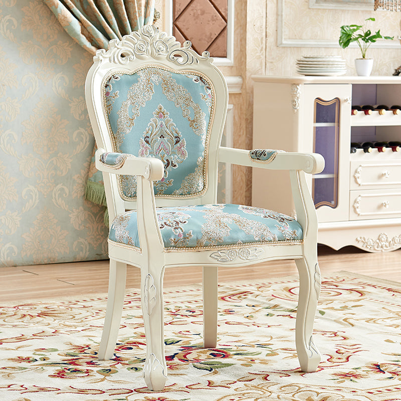 European Style Birch Leather Arm Chair Light Color Solid Back Dining Chair with White Legs Water Blue 1 Piece Clearhalo ' kitchen&dining_furn' 'Dining Chairs' 'Dining Tables & Seating' 'dining_chair' 'furn' 'furn_dining_chair' 'Furniture' 'furniture_dining_chair' 'Kitchen & Dining Furniture' 'kitchen' 3672055