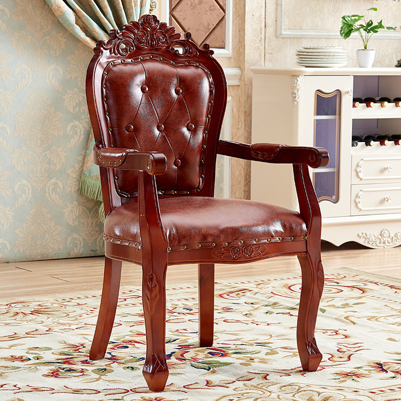 European Style Birch Leather Arm Chair Light Color Solid Back Dining Chair with White Legs Dark Brown 1 Piece Clearhalo ' kitchen&dining_furn' 'Dining Chairs' 'Dining Tables & Seating' 'dining_chair' 'furn' 'furn_dining_chair' 'Furniture' 'furniture_dining_chair' 'Kitchen & Dining Furniture' 'kitchen' 3672085