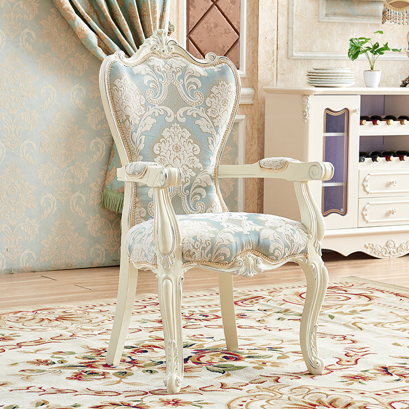 European Style Birch Cotton Arm Chair Light Color Solid Back Dining Chair with White Legs Dark Blue 1 Piece Clearhalo ' kitchen&dining_furn' 'Dining Chairs' 'Dining Tables & Seating' 'dining_chair' 'furn' 'furn_dining_chair' 'Furniture' 'furniture_dining_chair' 'Kitchen & Dining Furniture' 'kitchen' 3702103