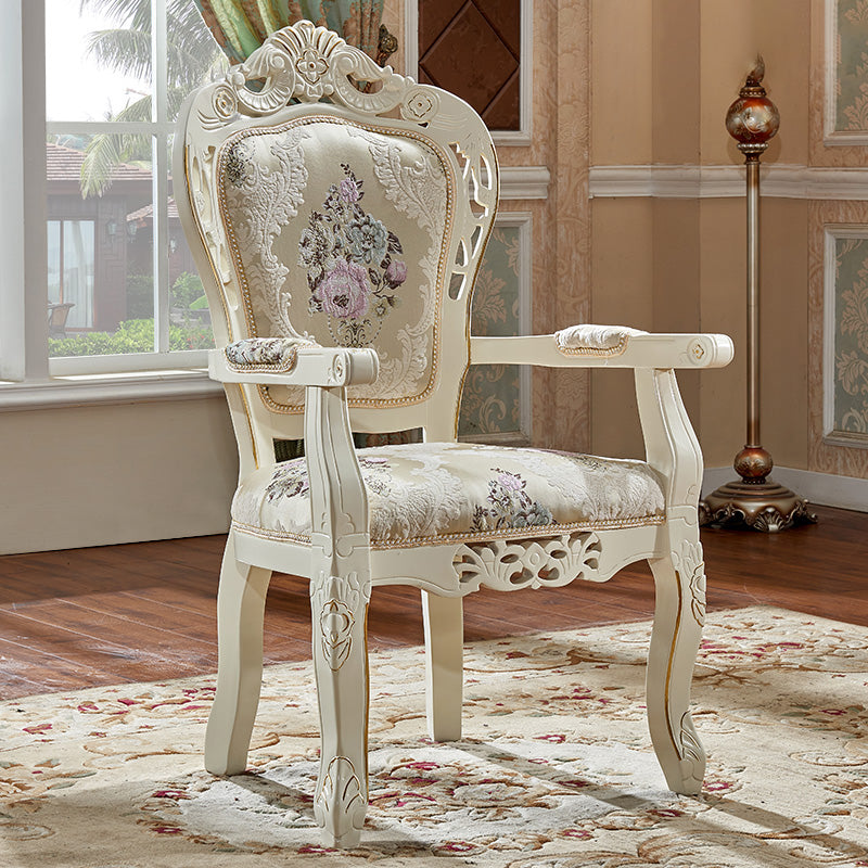 European Style Birch Cotton Arm Chair Light Color Solid Back Dining Chair with White Legs Off-White 1 Piece Clearhalo ' kitchen&dining_furn' 'Dining Chairs' 'Dining Tables & Seating' 'dining_chair' 'furn' 'furn_dining_chair' 'Furniture' 'furniture_dining_chair' 'Kitchen & Dining Furniture' 'kitchen' 3702109