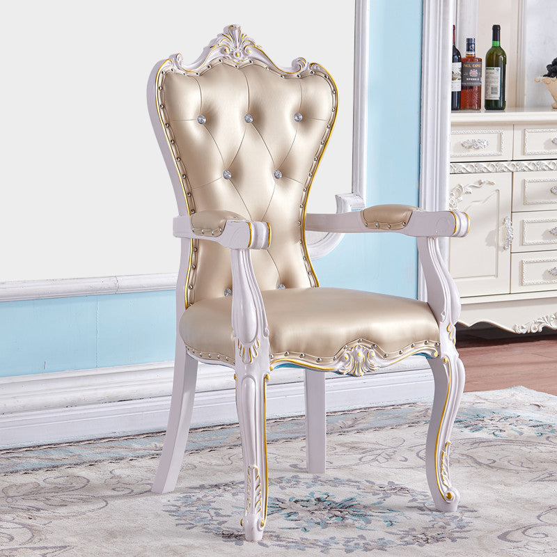 European Style Birch Solid Back Arm Chair Leather Dining Chair with White Legs Champagne 1 Piece Clearhalo ' kitchen&dining_furn' 'Dining Chairs' 'Dining Tables & Seating' 'dining_chair' 'furn' 'furn_dining_chair' 'Furniture' 'furniture_dining_chair' 'Kitchen & Dining Furniture' 'kitchen' 3702142
