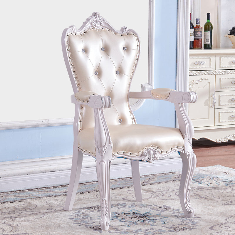 European Style Birch Solid Back Arm Chair Leather Dining Chair with White Legs Apricot 1 Piece Clearhalo ' kitchen&dining_furn' 'Dining Chairs' 'Dining Tables & Seating' 'dining_chair' 'furn' 'furn_dining_chair' 'Furniture' 'furniture_dining_chair' 'Kitchen & Dining Furniture' 'kitchen' 3702148