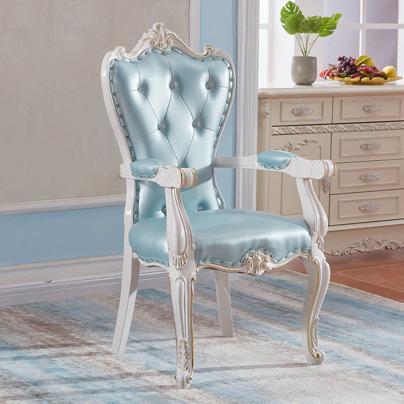 European Style Birch Solid Back Arm Chair Leather Dining Chair with White Legs Blue 1 Piece Clearhalo ' kitchen&dining_furn' 'Dining Chairs' 'Dining Tables & Seating' 'dining_chair' 'furn' 'furn_dining_chair' 'Furniture' 'furniture_dining_chair' 'Kitchen & Dining Furniture' 'kitchen' 3702151