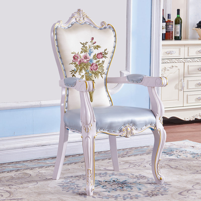 European Style Birch Solid Back Arm Chair Leather Dining Chair with White Legs Light Blue 1 Piece Clearhalo ' kitchen&dining_furn' 'Dining Chairs' 'Dining Tables & Seating' 'dining_chair' 'furn' 'furn_dining_chair' 'Furniture' 'furniture_dining_chair' 'Kitchen & Dining Furniture' 'kitchen' 3702171