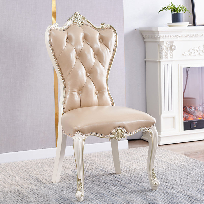 European Style Birch Parsons Side Chair Light Color Leather Dining Chair with White Legs Champagne 1 Piece Clearhalo ' kitchen&dining_furn' 'Dining Chairs' 'Dining Tables & Seating' 'dining_chair' 'furn' 'furn_dining_chair' 'Furniture' 'furniture_dining_chair' 'Kitchen & Dining Furniture' 'kitchen' 3702271