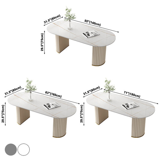 Modern Oval Dining Table Sintered Stone Dining Table with Off White Double Pedestal