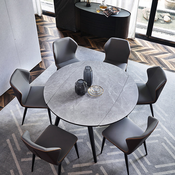 Sintered Stone Extendable Round Dining Table Modern Adjustable Table with Metal 4 Legs Grey Without Chairs Clearhalo ' dining_table' 'Dining Tables & Seating' 'Dining Tables' 'furn' 'furn_dining_table' 'Furniture' 'furniture_dining_table' 'Kitchen & Dining Furniture' 'kitchen&dining_furn' 'kitchen' 'kitchen_dining_table' 3704288