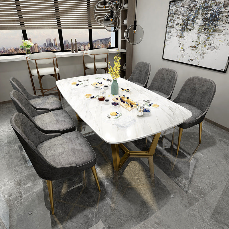 Rectangle White Sintered Stone Top Table Trestle Base Dining Table, Metal in Gold Clearhalo ' dining_table' 'Dining Tables & Seating' 'Dining Tables' 'furn' 'furn_dining_table' 'Furniture' 'furniture_dining_table' 'Kitchen & Dining Furniture' 'kitchen&dining_furn' 'kitchen' 'kitchen_dining_table' 3704508