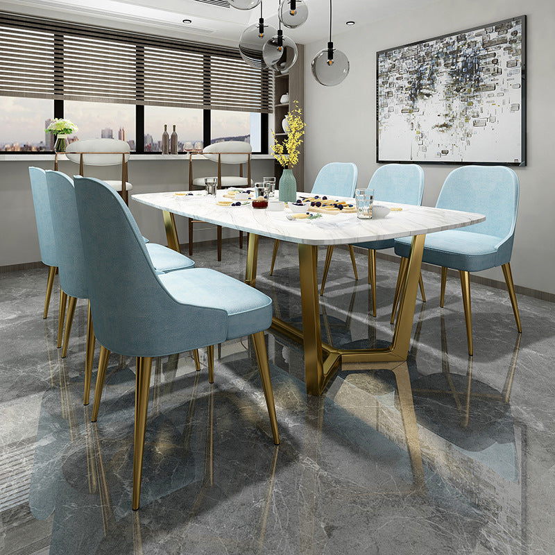 Rectangle White Sintered Stone Top Table Trestle Base Dining Table, Metal in Gold Clearhalo ' dining_table' 'Dining Tables & Seating' 'Dining Tables' 'furn' 'furn_dining_table' 'Furniture' 'furniture_dining_table' 'Kitchen & Dining Furniture' 'kitchen&dining_furn' 'kitchen' 'kitchen_dining_table' 3704509