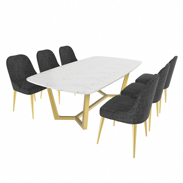 Rectangle White Sintered Stone Top Table Trestle Base Dining Table, Metal in Gold Clearhalo ' dining_table' 'Dining Tables & Seating' 'Dining Tables' 'furn' 'furn_dining_table' 'Furniture' 'furniture_dining_table' 'Kitchen & Dining Furniture' 'kitchen&dining_furn' 'kitchen' 'kitchen_dining_table' 3704511