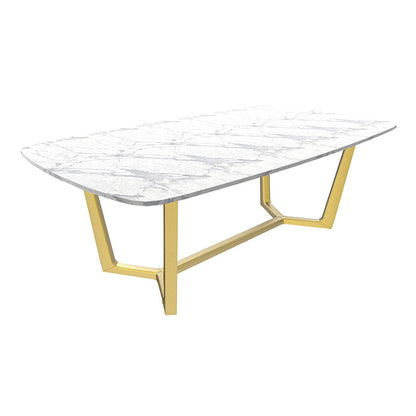 Rectangle White Sintered Stone Top Table Trestle Base Dining Table, Metal in Gold Without Chairs Clearhalo ' dining_table' 'Dining Tables & Seating' 'Dining Tables' 'furn' 'furn_dining_table' 'Furniture' 'furniture_dining_table' 'Kitchen & Dining Furniture' 'kitchen&dining_furn' 'kitchen' 'kitchen_dining_table' 3704512