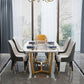 Rectangle White Sintered Stone Top Table Trestle Base Dining Table, Metal in Gold Clearhalo ' dining_table' 'Dining Tables & Seating' 'Dining Tables' 'furn' 'furn_dining_table' 'Furniture' 'furniture_dining_table' 'Kitchen & Dining Furniture' 'kitchen&dining_furn' 'kitchen' 'kitchen_dining_table' 3704515