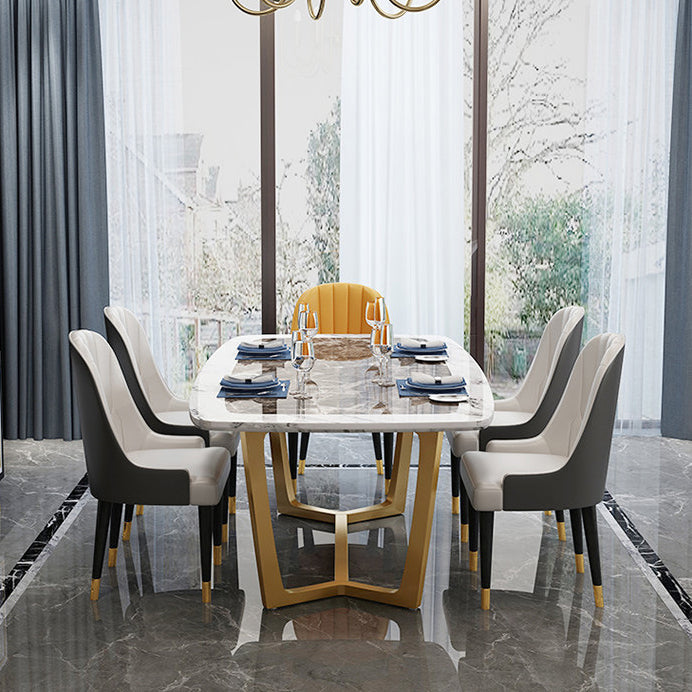 Rectangle White Sintered Stone Top Table Trestle Base Dining Table, Metal in Gold Clearhalo ' dining_table' 'Dining Tables & Seating' 'Dining Tables' 'furn' 'furn_dining_table' 'Furniture' 'furniture_dining_table' 'Kitchen & Dining Furniture' 'kitchen&dining_furn' 'kitchen' 'kitchen_dining_table' 3704515