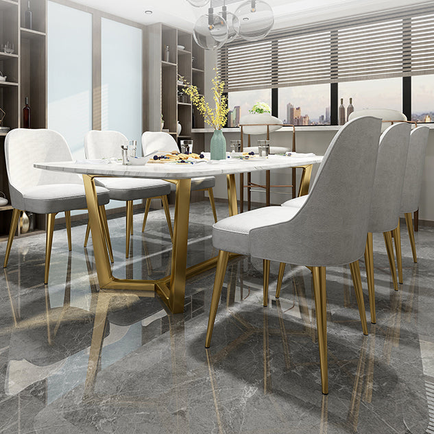 Rectangle White Sintered Stone Top Table Trestle Base Dining Table, Metal in Gold Clearhalo ' dining_table' 'Dining Tables & Seating' 'Dining Tables' 'furn' 'furn_dining_table' 'Furniture' 'furniture_dining_table' 'Kitchen & Dining Furniture' 'kitchen&dining_furn' 'kitchen' 'kitchen_dining_table' 3704516