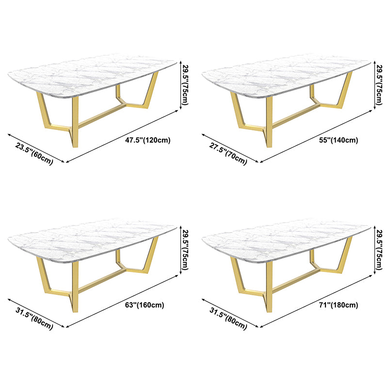 Rectangle White Sintered Stone Top Table Trestle Base Dining Table, Metal in Gold Clearhalo ' dining_table' 'Dining Tables & Seating' 'Dining Tables' 'furn' 'furn_dining_table' 'Furniture' 'furniture_dining_table' 'Kitchen & Dining Furniture' 'kitchen&dining_furn' 'kitchen' 'kitchen_dining_table' 3704517