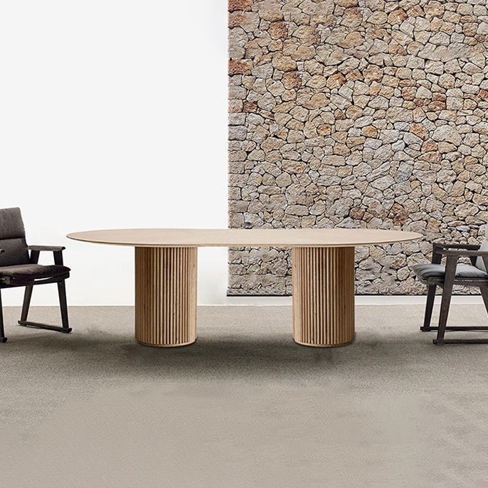 Oval Double Pedestal Minimalist Dining Table Wood Color Fixed Table of Solid Wood Clearhalo ' dining_table' 'Dining Tables & Seating' 'Dining Tables' 'furn' 'furn_dining_table' 'Furniture' 'furniture_dining_table' 'Kitchen & Dining Furniture' 'kitchen&dining_furn' 'kitchen' 'kitchen_dining_table' 3704602