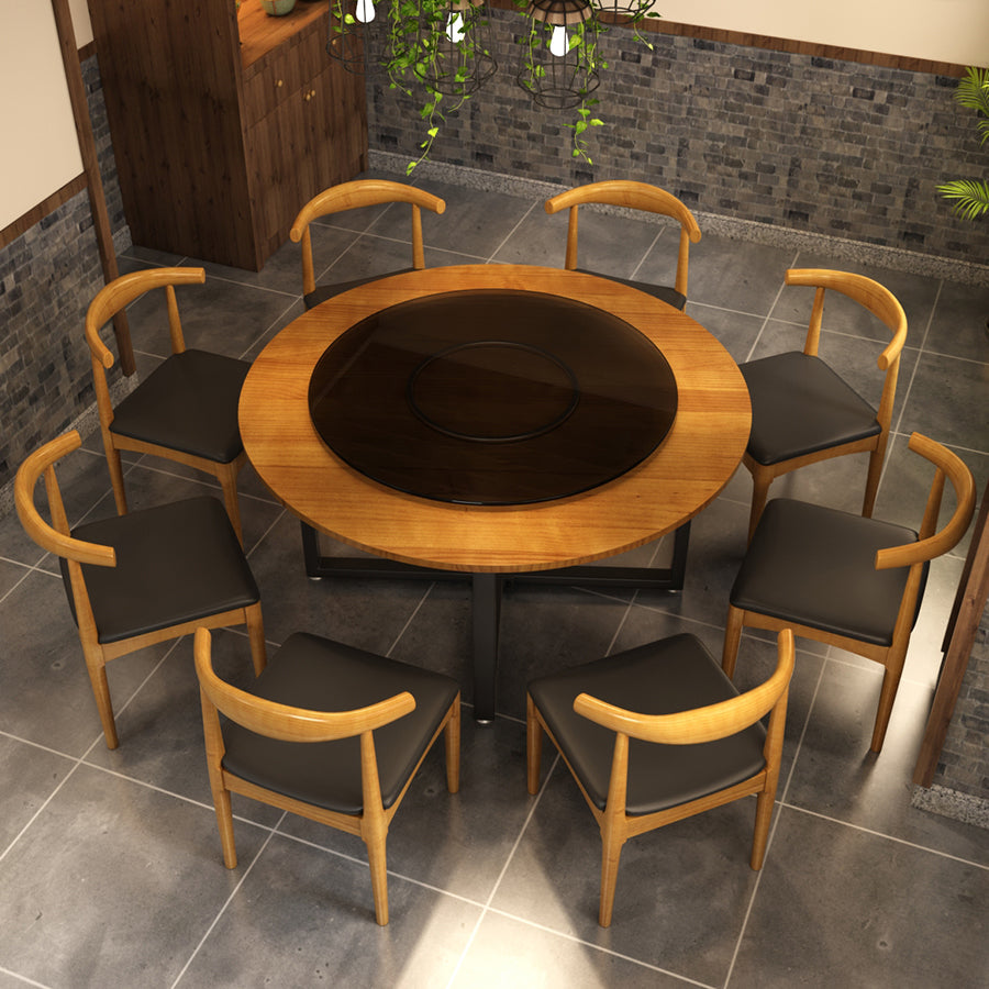 Contemporary Style Wood Dining Table Round Shape Table with Metallic Trestle Base Clearhalo ' dining_table' 'Dining Tables & Seating' 'Dining Tables' 'furn' 'furn_dining_table' 'Furniture' 'furniture_dining_table' 'Kitchen & Dining Furniture' 'kitchen&dining_furn' 'kitchen' 'kitchen_dining_table' 3723328