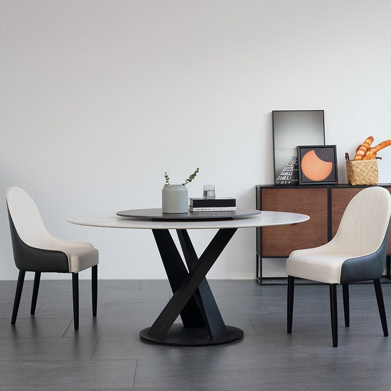 Contemporary Round Dining Table Sintered Stone Table with Black Pedestal Base,47.2"L x 27.6"W x 30"H Clearhalo ' dining_table' 'Dining Tables & Seating' 'Dining Tables' 'furn' 'furn_dining_table' 'Furniture' 'furniture_dining_table' 'Kitchen & Dining Furniture' 'kitchen&dining_furn' 'kitchen' 'kitchen_dining_table' 3723397
