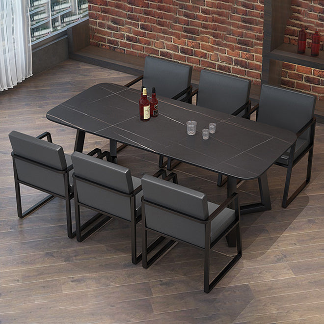 Industrial Style Sintered Stone Dining Table Black Rectangle Table with Sled Base for Dinning Room Clearhalo ' dining_table' 'Dining Tables & Seating' 'Dining Tables' 'furn' 'furn_dining_table' 'Furniture' 'furniture_dining_table' 'Kitchen & Dining Furniture' 'kitchen&dining_furn' 'kitchen' 'kitchen_dining_table' 3723492