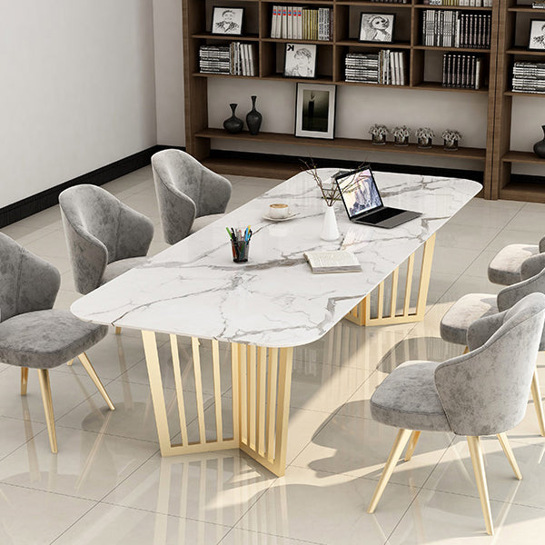 Rectangle Sintered Stone White Dining Table Glam Double Pedestal Table for Dining Room Clearhalo ' dining_table' 'Dining Tables & Seating' 'Dining Tables' 'furn' 'furn_dining_table' 'Furniture' 'furniture_dining_table' 'Kitchen & Dining Furniture' 'kitchen&dining_furn' 'kitchen' 'kitchen_dining_table' 3724065