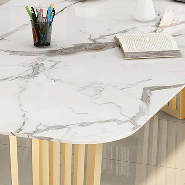 Rectangle Sintered Stone White Dining Table Glam Double Pedestal Table for Dining Room Clearhalo ' dining_table' 'Dining Tables & Seating' 'Dining Tables' 'furn' 'furn_dining_table' 'Furniture' 'furniture_dining_table' 'Kitchen & Dining Furniture' 'kitchen&dining_furn' 'kitchen' 'kitchen_dining_table' 3724067