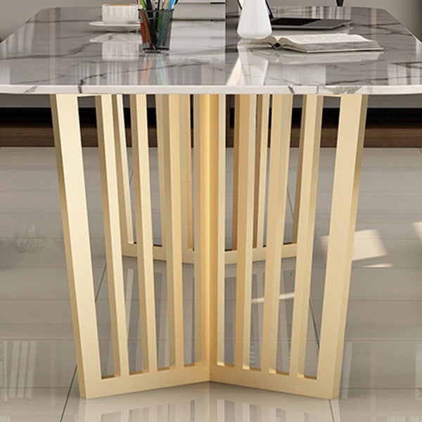 Rectangle Sintered Stone White Dining Table Glam Double Pedestal Table for Dining Room Clearhalo ' dining_table' 'Dining Tables & Seating' 'Dining Tables' 'furn' 'furn_dining_table' 'Furniture' 'furniture_dining_table' 'Kitchen & Dining Furniture' 'kitchen&dining_furn' 'kitchen' 'kitchen_dining_table' 3724068