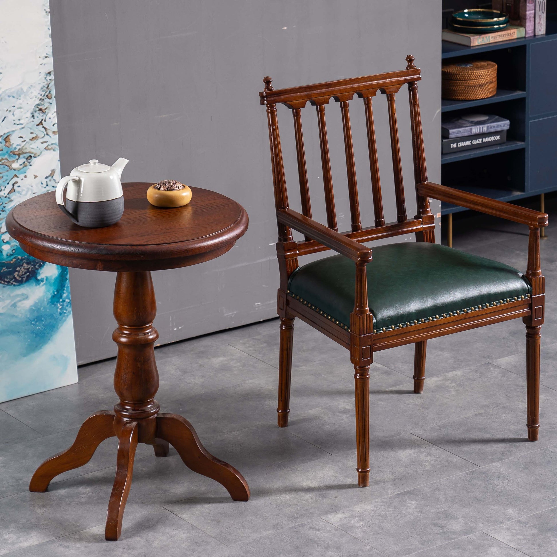 Traditional Study Room Leather Arm Chair Walnut Slat Back Dining Chair Blackish Green 1 Piece Clearhalo ' kitchen&dining_furn' 'Dining Chairs' 'Dining Tables & Seating' 'dining_chair' 'furn' 'furn_dining_chair' 'Furniture' 'furniture_dining_chair' 'Kitchen & Dining Furniture' 'kitchen' 3725218