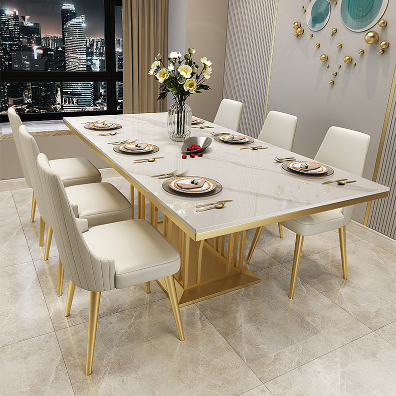 Glam Sintered Stone Top White Dining Table Rectangle Standard Dining Table with Pedestal Base Clearhalo ' dining_table' 'Dining Tables & Seating' 'Dining Tables' 'furn' 'furn_dining_table' 'Furniture' 'furniture_dining_table' 'Kitchen & Dining Furniture' 'kitchen&dining_furn' 'kitchen' 'kitchen_dining_table' 3725801