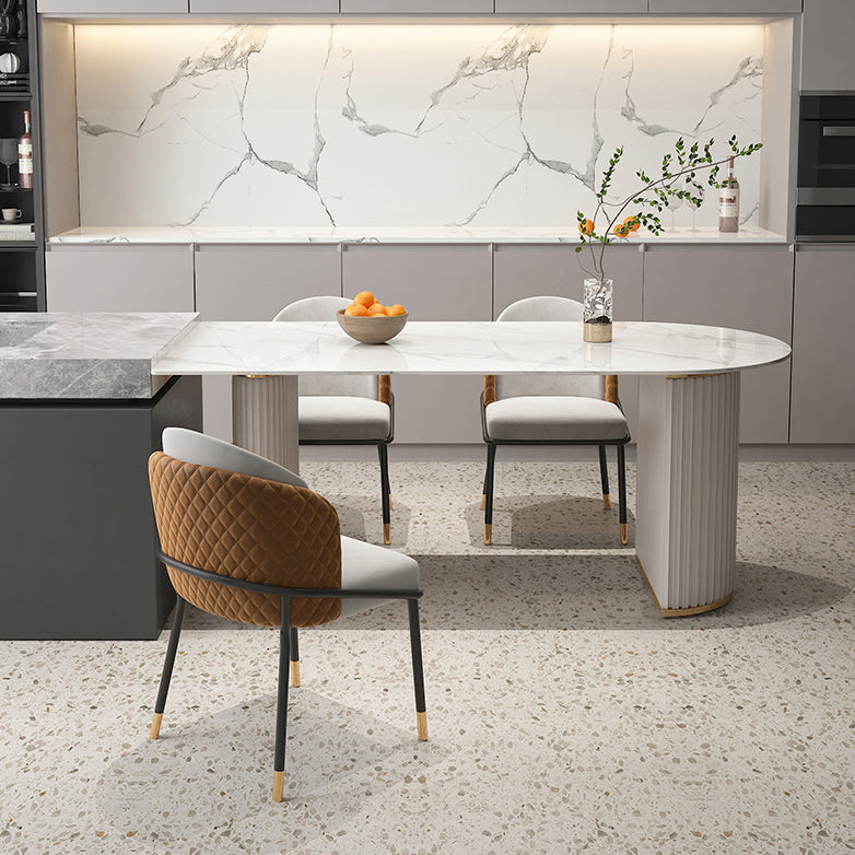 Contemporary Sintered Stone Dining Table Heteromorphic Shape Table with Double Pedestal Clearhalo ' dining_table' 'Dining Tables & Seating' 'Dining Tables' 'furn' 'furn_dining_table' 'Furniture' 'furniture_dining_table' 'Kitchen & Dining Furniture' 'kitchen&dining_furn' 'kitchen' 'kitchen_dining_table' 3739267