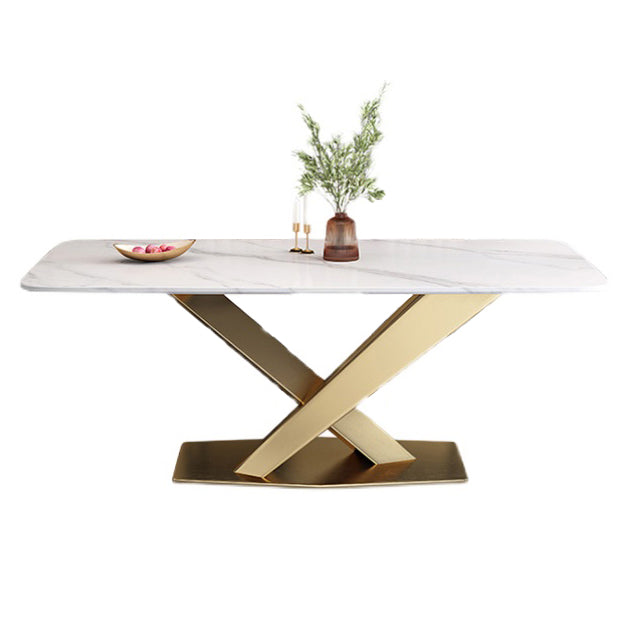 Glam Sintered Stone Kitchen Dining Table Rectangle Standard Dining Table with Pedestal Base White Without Chairs Clearhalo ' dining_table' 'Dining Tables & Seating' 'Dining Tables' 'furn' 'furn_dining_table' 'Furniture' 'furniture_dining_table' 'Kitchen & Dining Furniture' 'kitchen&dining_furn' 'kitchen' 'kitchen_dining_table' 3739383