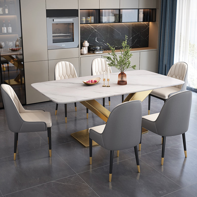 Glam Sintered Stone Kitchen Dining Table Rectangle Standard Dining Table with Pedestal Base Clearhalo ' dining_table' 'Dining Tables & Seating' 'Dining Tables' 'furn' 'furn_dining_table' 'Furniture' 'furniture_dining_table' 'Kitchen & Dining Furniture' 'kitchen&dining_furn' 'kitchen' 'kitchen_dining_table' 3739385