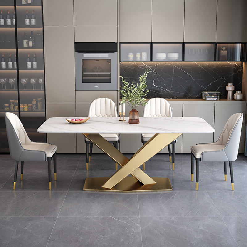 Glam Sintered Stone Kitchen Dining Table Rectangle Standard Dining Table with Pedestal Base Clearhalo ' dining_table' 'Dining Tables & Seating' 'Dining Tables' 'furn' 'furn_dining_table' 'Furniture' 'furniture_dining_table' 'Kitchen & Dining Furniture' 'kitchen&dining_furn' 'kitchen' 'kitchen_dining_table' 3739387
