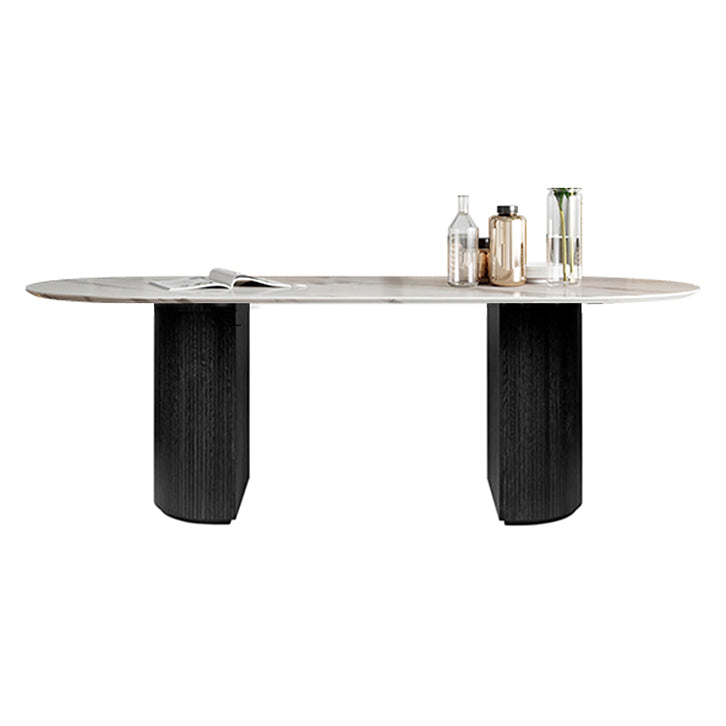Oval Double Pedestal Dining Site Table Contemporary Style Dinette Table White Without Chairs Clearhalo ' dining_table' 'Dining Tables & Seating' 'Dining Tables' 'furn' 'furn_dining_table' 'Furniture' 'furniture_dining_table' 'Kitchen & Dining Furniture' 'kitchen&dining_furn' 'kitchen' 'kitchen_dining_table' 3739430