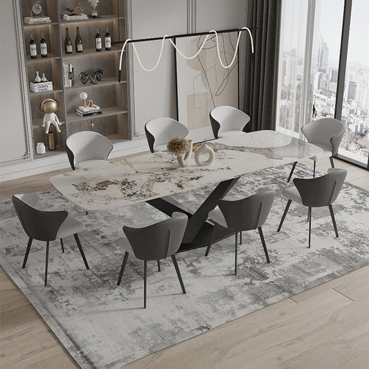 Sintered Stone Top Dining Table Rectangle Table with Metal Black Pedestal Base