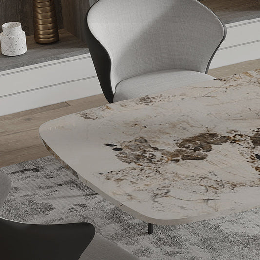 Sintered Stone Top Dining Table Rectangle Table with Metal Black Pedestal Base