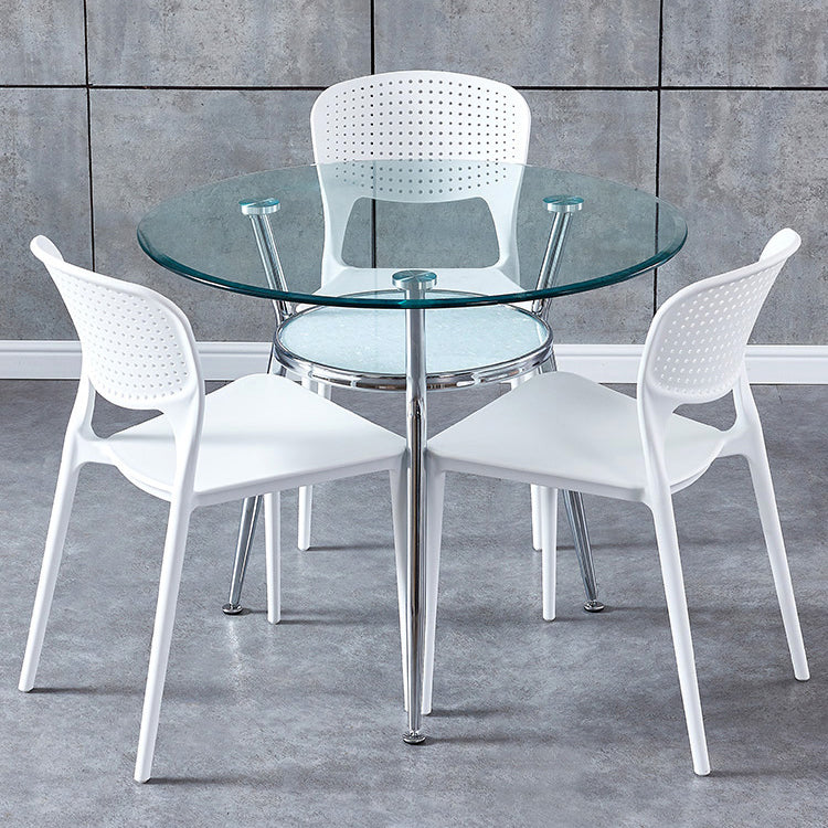 Modern Round Dining Room Table Clear Tempered Glass Table with Pedestal Base White Without Chairs Clearhalo ' dining_table' 'Dining Tables & Seating' 'Dining Tables' 'furn' 'furn_dining_table' 'Furniture' 'furniture_dining_table' 'Kitchen & Dining Furniture' 'kitchen&dining_furn' 'kitchen' 'kitchen_dining_table' 3740001