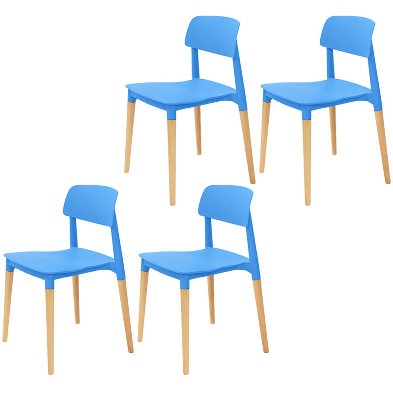 Plastic Stackable Armless Dining Chairs Open Back Side Chair with Wood Legs Blue 4 Piece Set Clearhalo ' kitchen&dining_furn' 'Dining Chairs' 'Dining Tables & Seating' 'dining_chair' 'furn' 'furn_dining_chair' 'Furniture' 'furniture_dining_chair' 'Kitchen & Dining Furniture' 'kitchen' 3741308